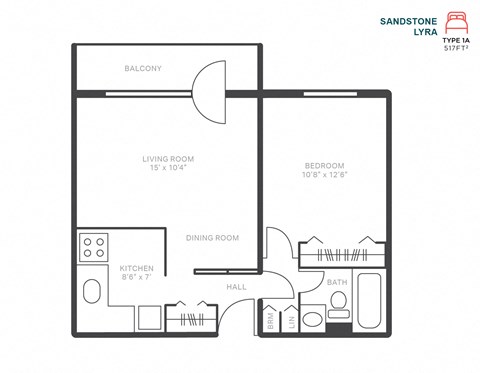 Floor plan for 1 bed, 1 bath, 517 sqft